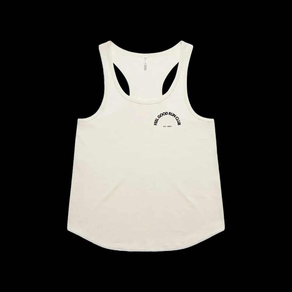 Feel Good Run Club Womens Racerback — Left Chest — Ecru, front