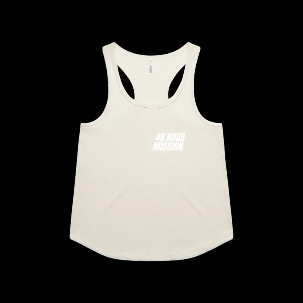 48 Hour Mission Womens Racerback — Ecru, front