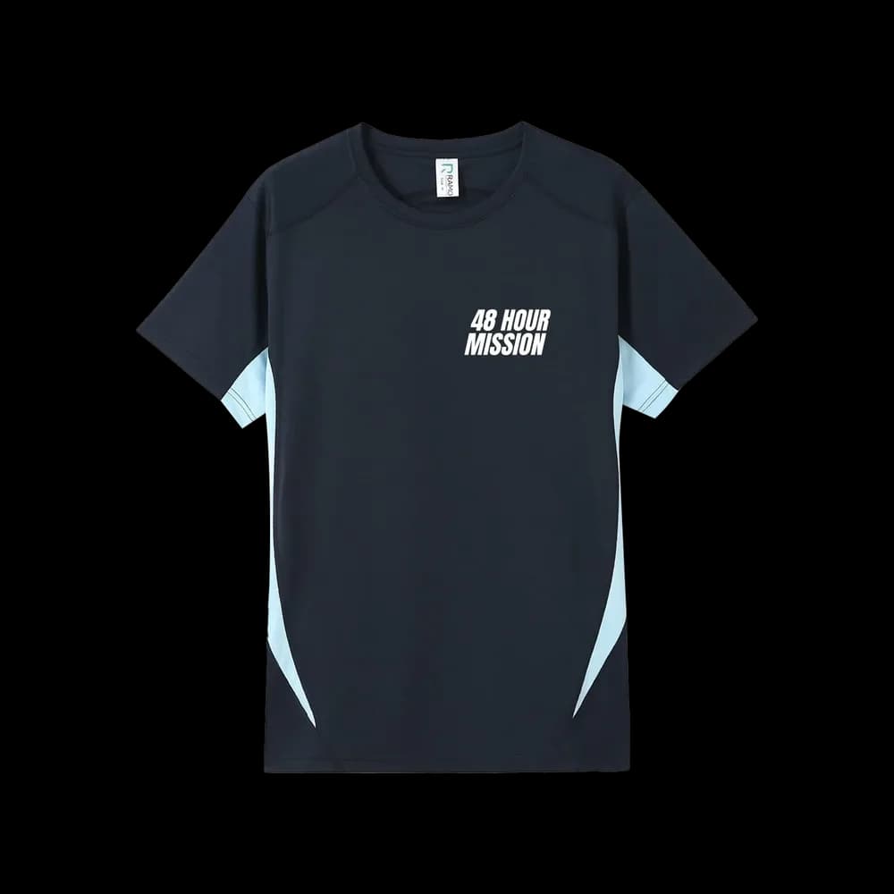 48 Hour Mission Sports Tee — Navy/Skyblue, front